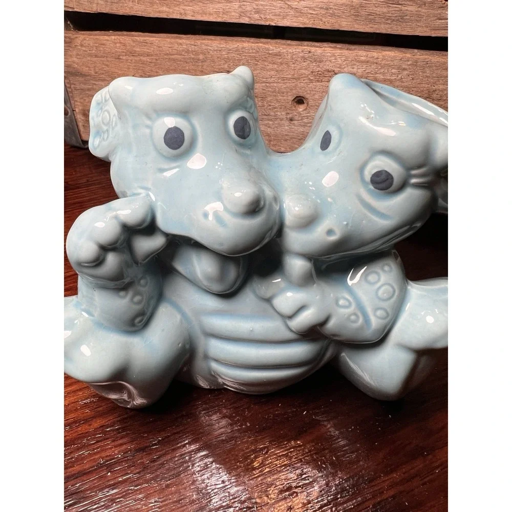 Twin‎ Dinosaurs Planter Vase Two Dragons Vintage Blue Ceramic Turquoise Vase